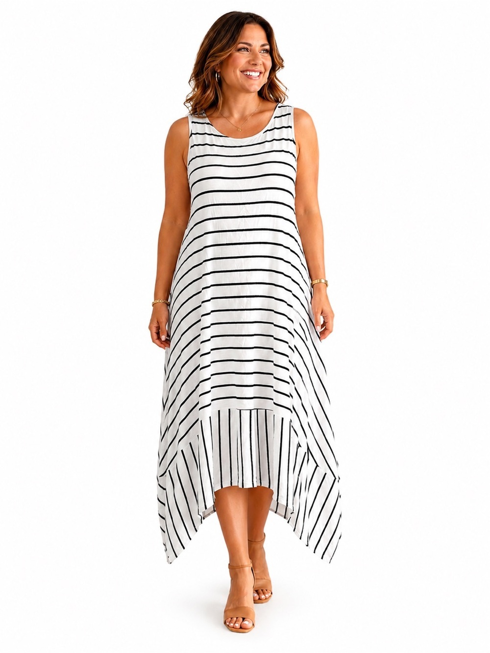 NWT Kozan Sleeveless Striped Handkerchief Hem Dress - White/Black